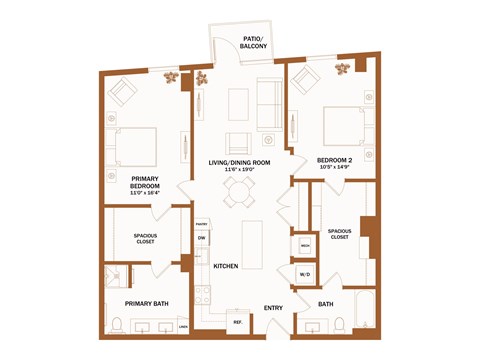 A floor plan of a house with a living room, dining room, kitchen, and two bedrooms.